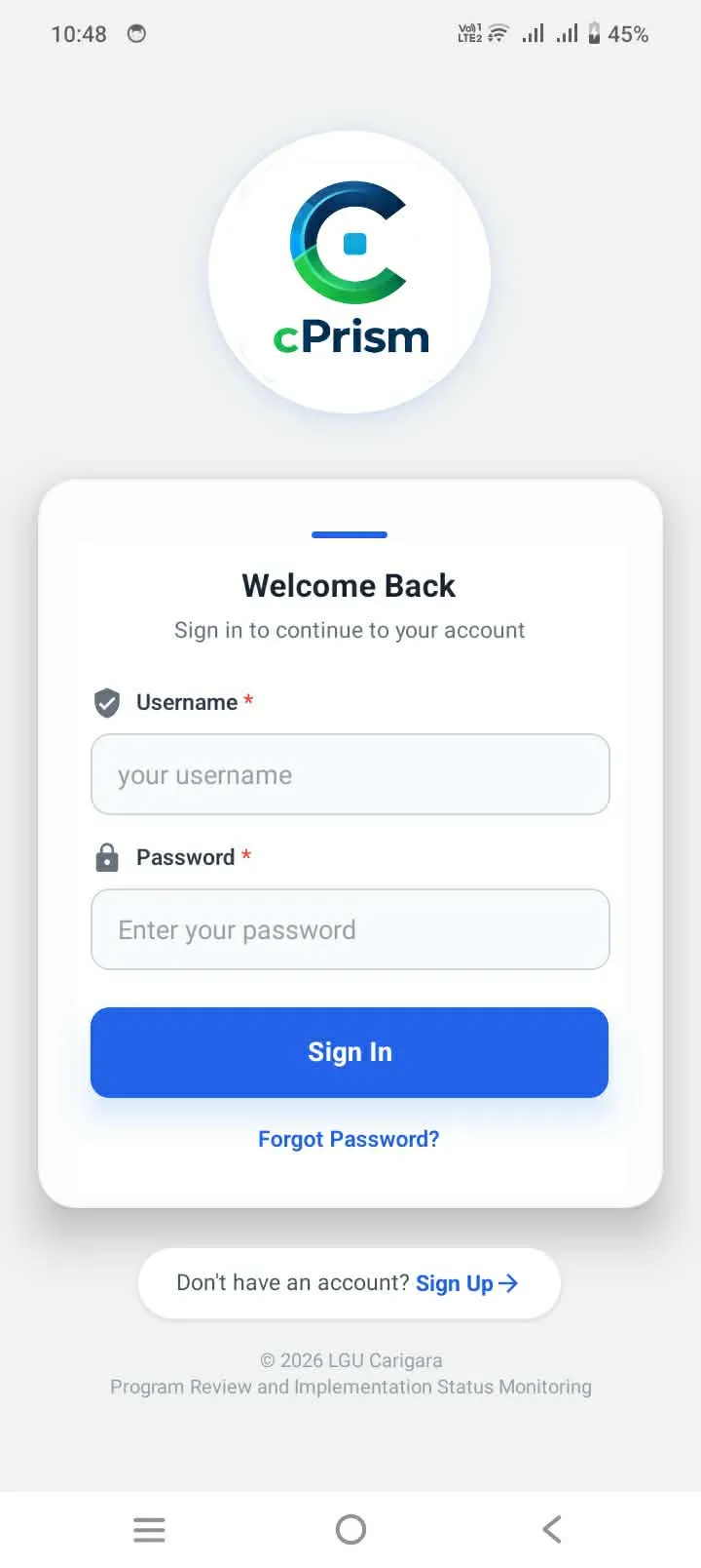 Secure login screen for Carigara government officials